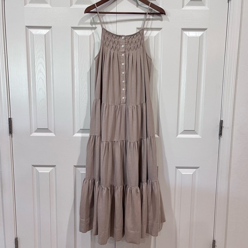 Elie Tahari Tiered Cotton Linen Blend Midi Dress Sleeveless Tan Size XS